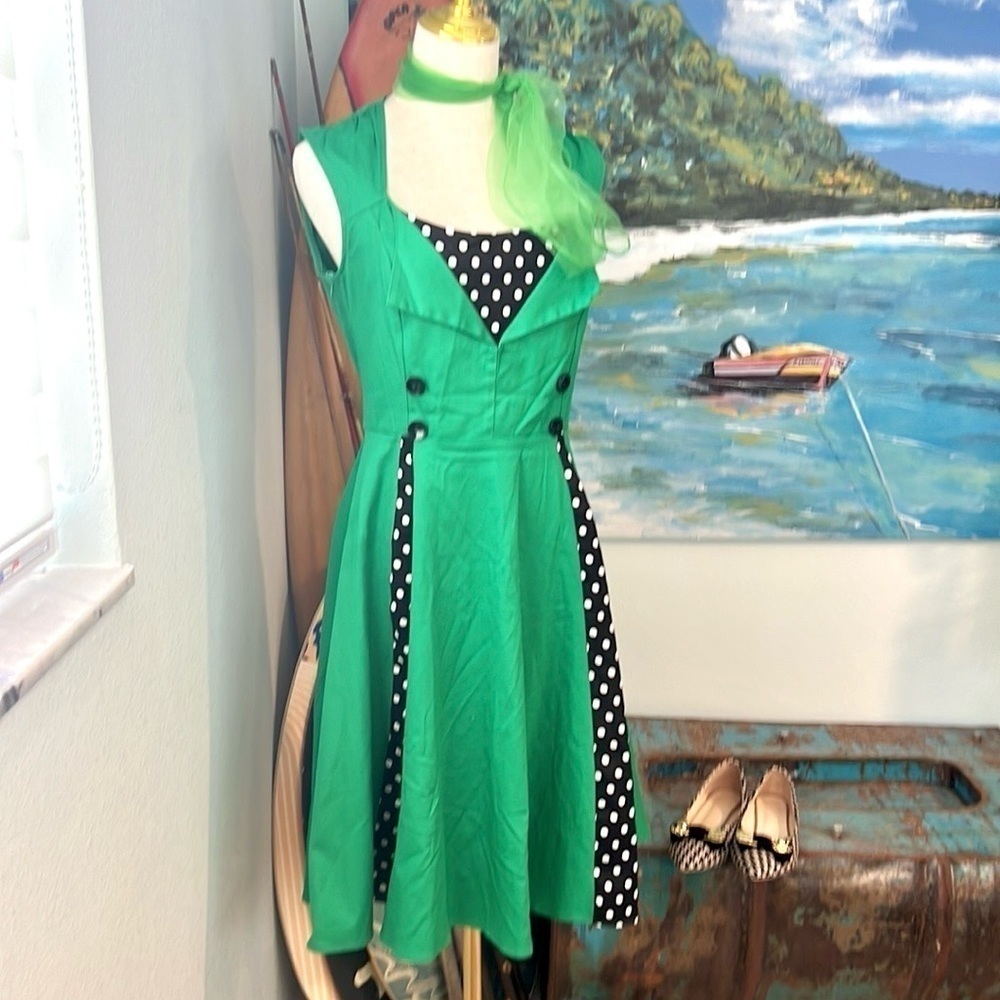 Killreal, Fantastic Emerald Polka-Dot Fit & Flare Cotton Dress EUC Size M - Picture 8 of 15